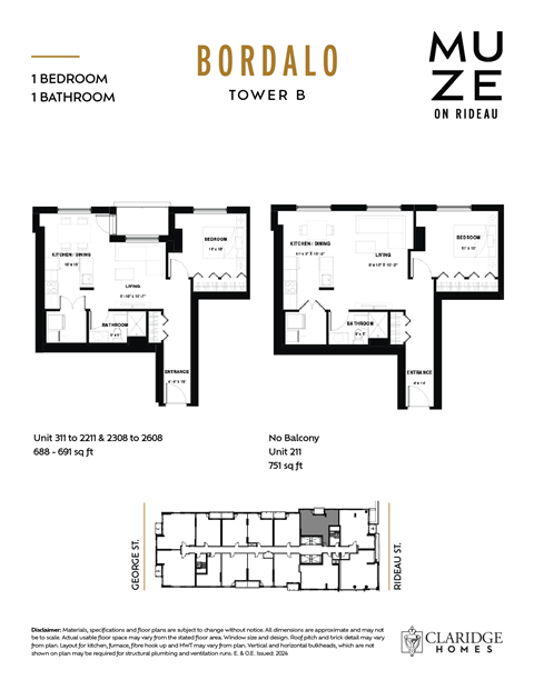 Floor plan for 1 bed, 1 bath, 691 sqft